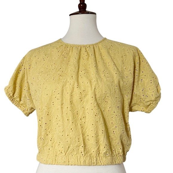 Madewell Eyelet Crop Top Puff Sleeve Yellow Tie Back Casual Blouse Size‎ S - Picture 8 of 10